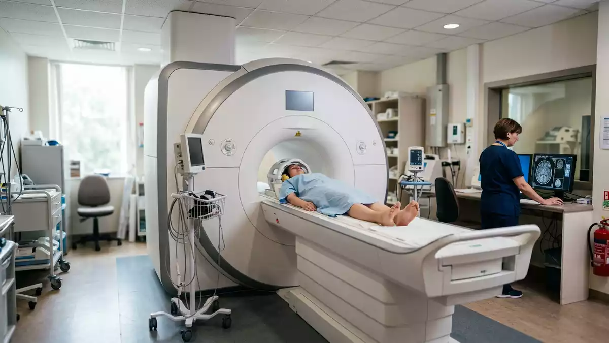 Fotorealistische Ansicht von MRT-Scanner in der Radiologie in realer Umgebung, neutral