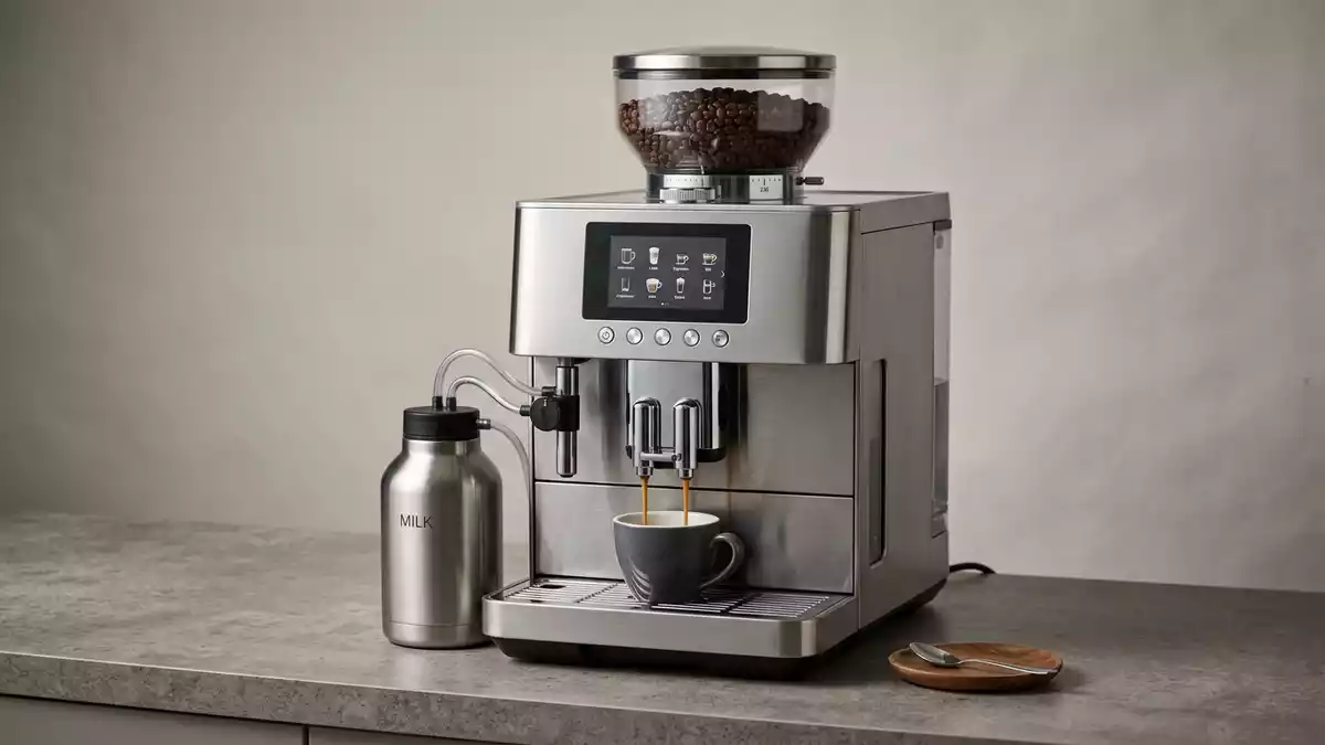Fotorealistische Studioansicht von Kaffeevollautomat in neutraler Produktdarstellung