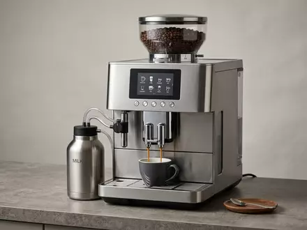 Fotorealistische Studioaufnahme von Kaffeevollautomat zum Thema Siemens Kaffeevollautomat EQ.9, ISIN DE0007236101, klare Lichtfuehrung - Foto: THN