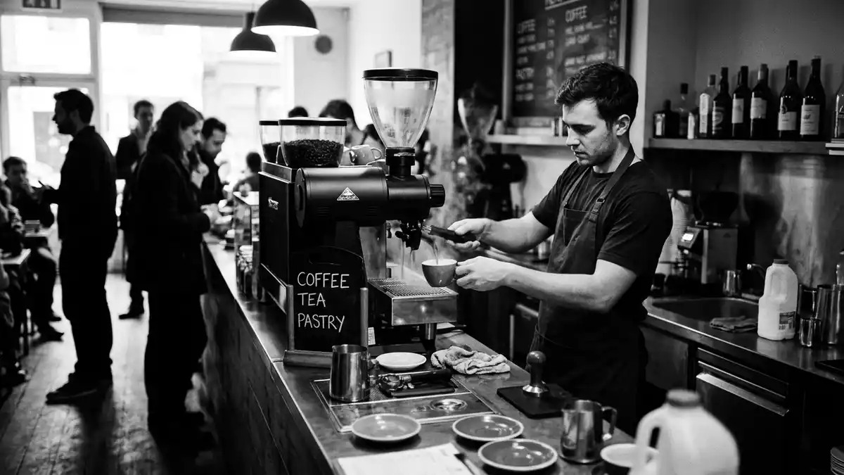 Schwarzweiss-Reportagebild mit Kaffeevollautomat in dokumentarischer Arbeitsumgebung