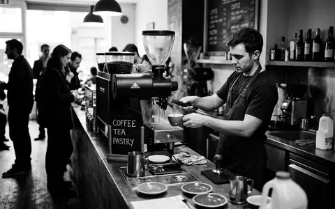 Schwarzweiss-Reportage mit Kaffeevollautomat zum Thema Siemens Kaffeevollautomat EQ.9, ISIN DE0007236101, hoher Kontrast - Foto: THN