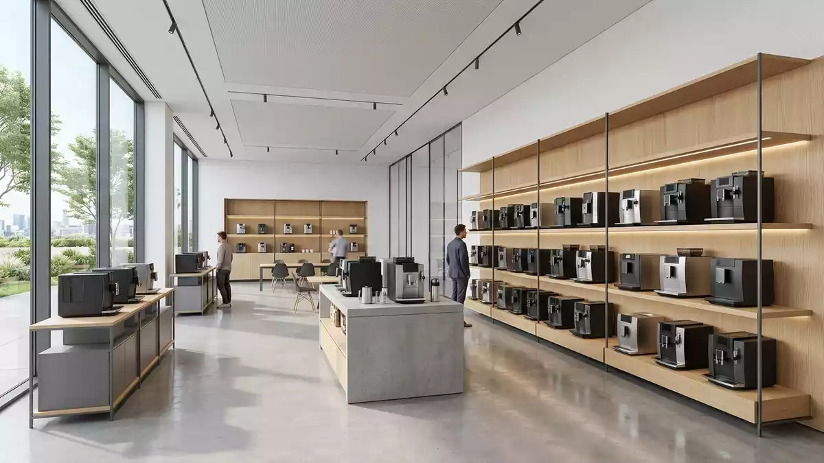 Architektur-Render im Elektrofachmarkt mit Kaffeevollautomat im Ausstellungsbereich