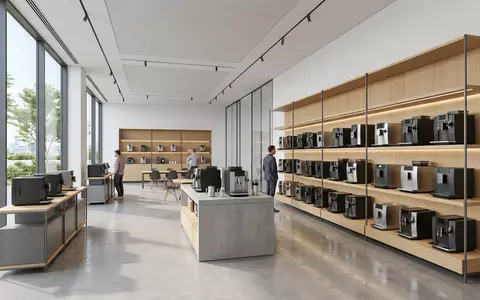 Architektur-Render im Elektrofachmarkt mit Kaffeevollautomat zum Thema Siemens Kaffeevollautomat EQ.9, ISIN DE0007236101, neutrales Tageslicht - Foto: THN
