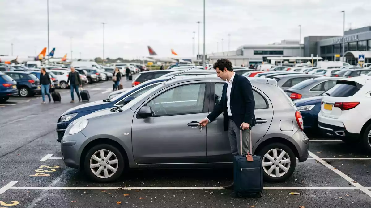 Fotorealistische Ansicht von Mietwagen auf Reisen in realer Umgebung, neutral