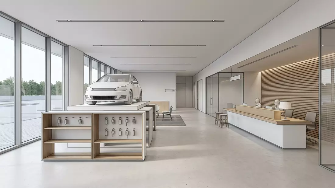 Architektur-Render im Autovermietung mit Mietwagen im Ausstellungsbereich, neutral