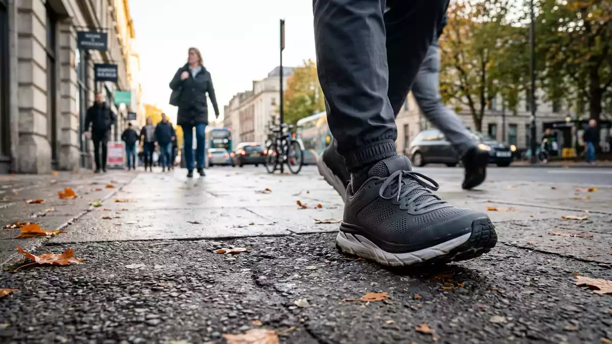 Fotorealistische Ansicht von Laufschuh beim Spazieren in realer Umgebung, neutral