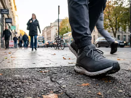 Fotorealistische Aufnahme von Laufschuh beim Spazieren zum Thema Skechers Go Walk, ISIN US8305661055, natuerliches Licht - Foto: THN