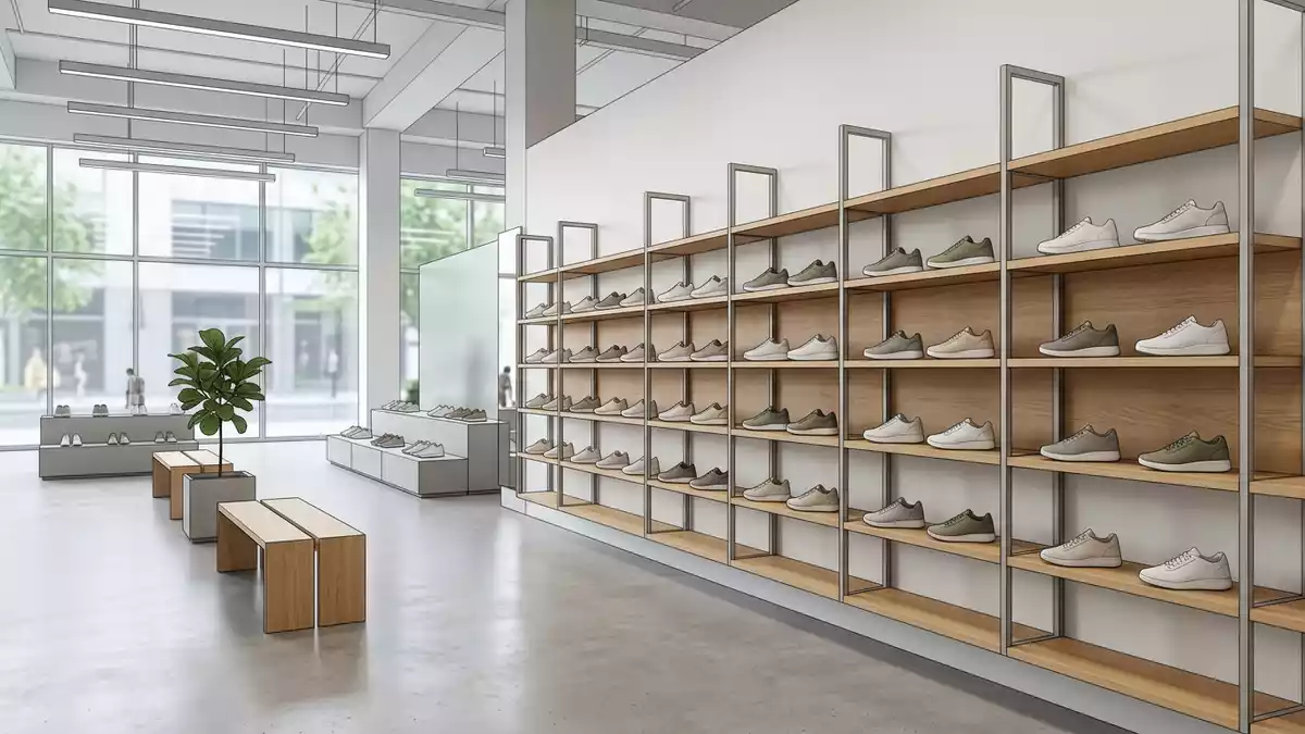 Architektur-Render im Sportfachhandel mit Laufschuh im Ausstellungsbereich, neutral