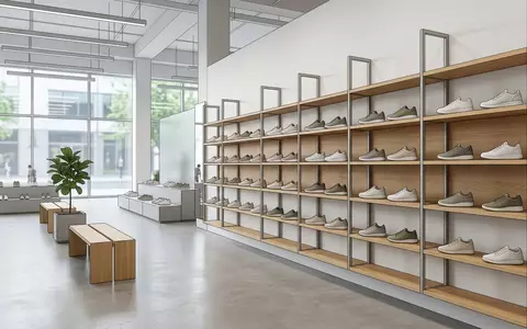 Architektur-Render im Sportfachhandel mit Laufschuh zum Thema Skechers Go Walk, ISIN US8305661055, neutrales Tageslicht - Foto: THN