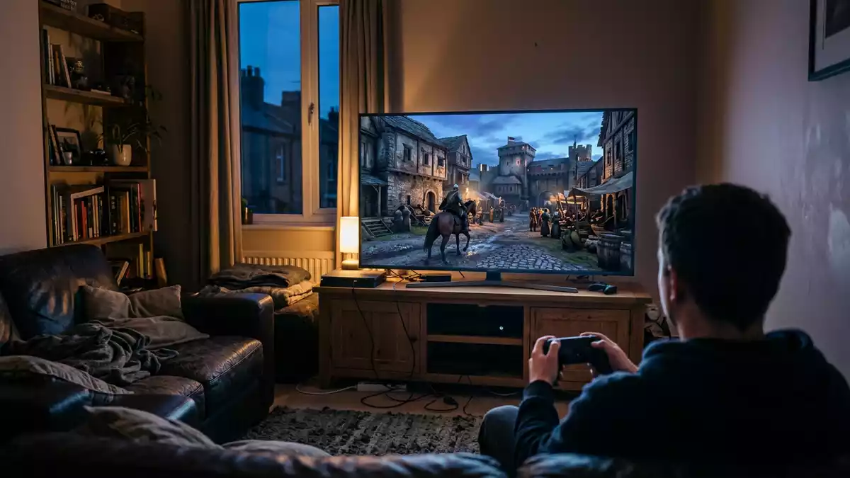 Fotorealistische Ansicht von Historisches Actionspiel im Wohnzimmer in realer Umgebung