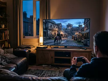 Fotorealistische Aufnahme von Historisches Actionspiel im Wohnzimmer zum Thema Assassin's Creed Valhalla, ISIN FR0000054470 - Foto: THN