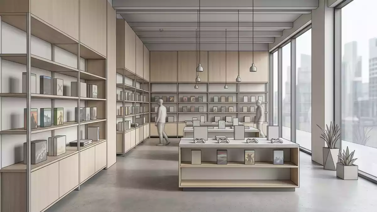 Architektur-Render im Spiele-Fachhandel mit Historisches Actionspiel im Ausstellungsbereich