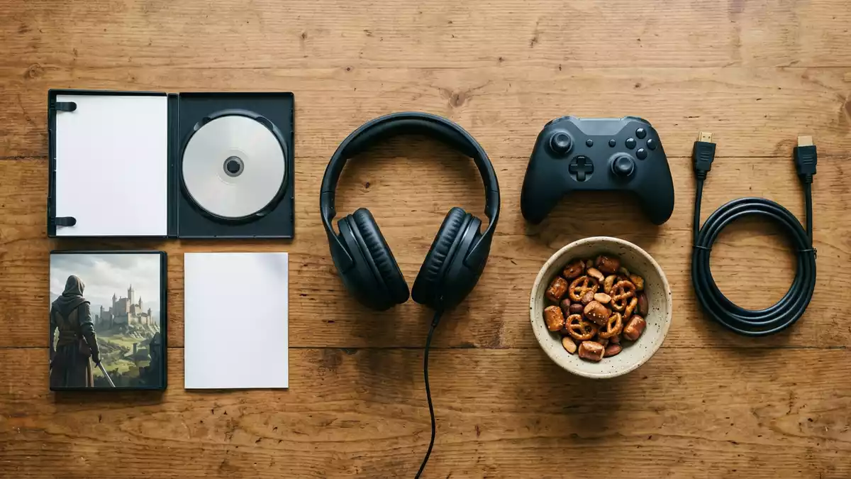 Flatlay-Arrangement rund um Historisches Actionspiel mit passenden Requisiten von oben