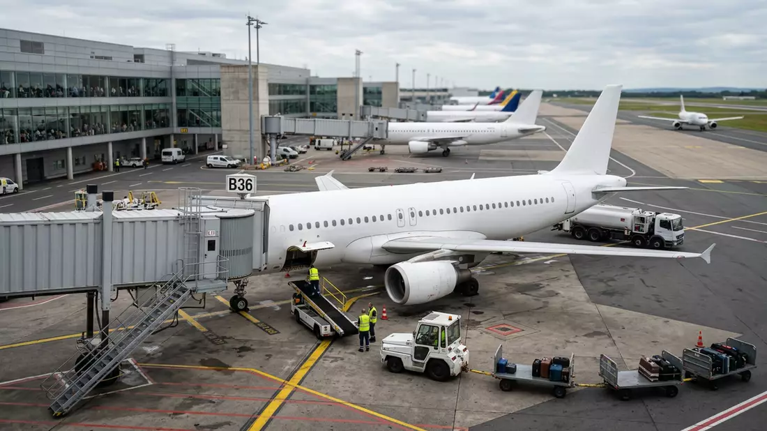 Fotorealistische Ansicht von Passagierflugzeug auf der Flugreise in realer Umgebung
