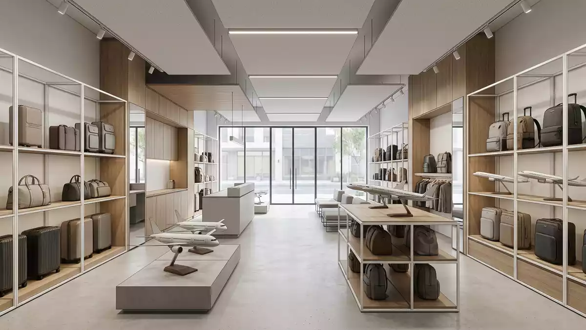 Architektur-Render im Reise-Fachhandel mit Passagierflugzeug im Ausstellungsbereich