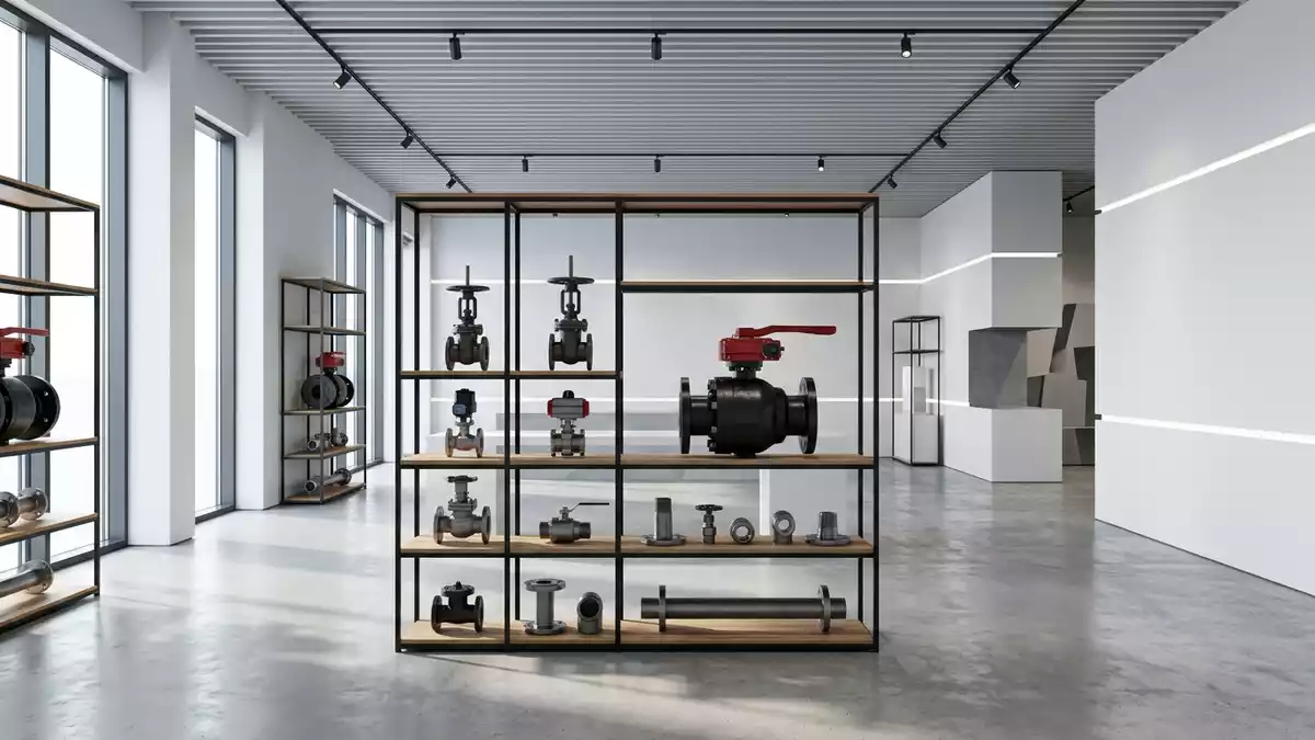Architektur-Render im Versorgungstechnik-Fachhandel mit Gasversorgung im Ausstellungsbereich