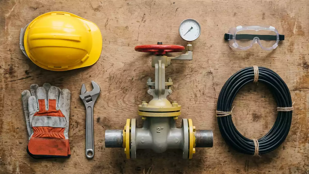 Flatlay-Arrangement rund um Gasversorgung mit passenden Requisiten von oben, neutral