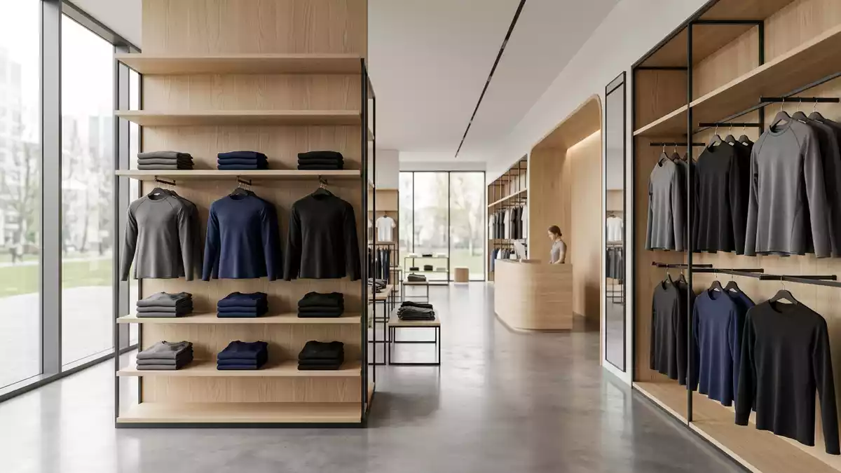 Architektur-Render im Sportbekleidungsgeschäft mit Kompressionsshirt im Ausstellungsbereich