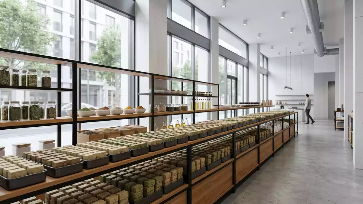 Architektur-Render im Lebensmittelgeschäft mit Brühwürfel im Ausstellungsbereich