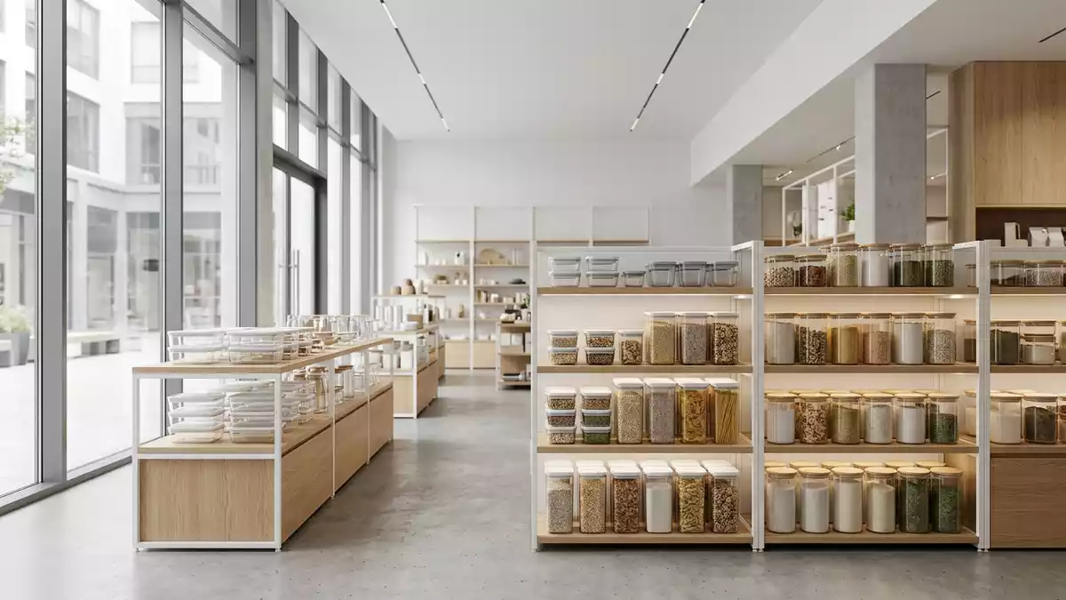 Architektur-Render im Haushaltswarenhandel mit Vorratsbehälter im Ausstellungsbereich