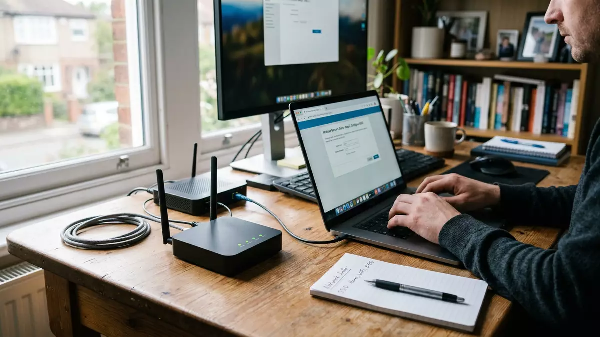 Fotorealistische Ansicht von Netzwerkrouter im Homeoffice in realer Umgebung, neutral