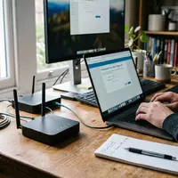 Fotorealistische Aufnahme von Netzwerkrouter im Homeoffice zum Thema UniFi Dream Machine, ISIN US90353W1036, natuerliches Licht - Foto: THN