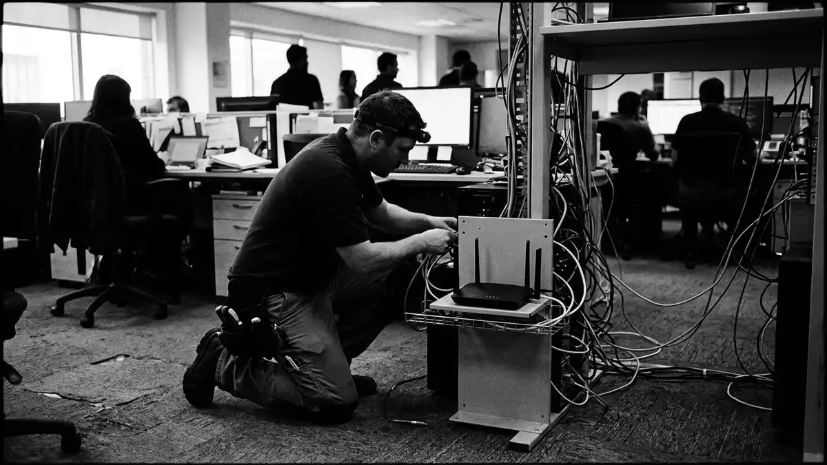Schwarzweiss-Reportagebild mit Netzwerkrouter in dokumentarischer Arbeitsumgebung