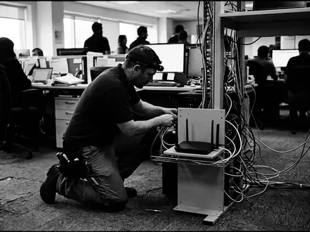 Schwarzweiss-Reportage mit Netzwerkrouter zum Thema UniFi Dream Machine, ISIN US90353W1036, hoher Kontrast - Foto: THN