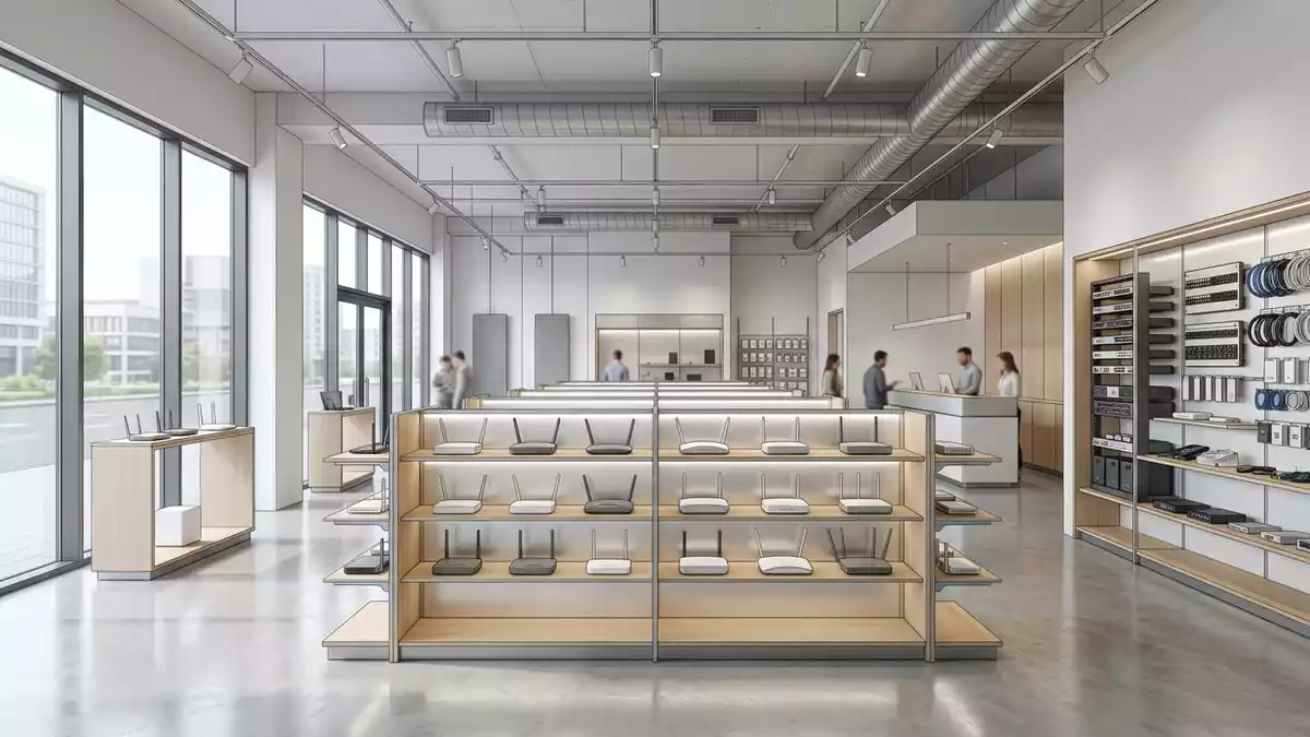 Architektur-Render im Elektronik-Fachmarkt mit Netzwerkrouter im Ausstellungsbereich