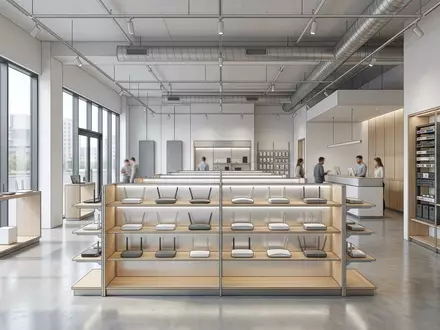 Architektur-Render im Elektronik-Fachmarkt mit Netzwerkrouter zum Thema UniFi Dream Machine, ISIN US90353W1036, neutrales Tageslicht - Foto: THN