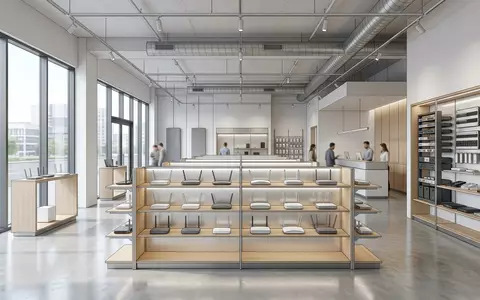 Architektur-Render im Elektronik-Fachmarkt mit Netzwerkrouter zum Thema UniFi Dream Machine, ISIN US90353W1036, neutrales Tageslicht - Foto: THN