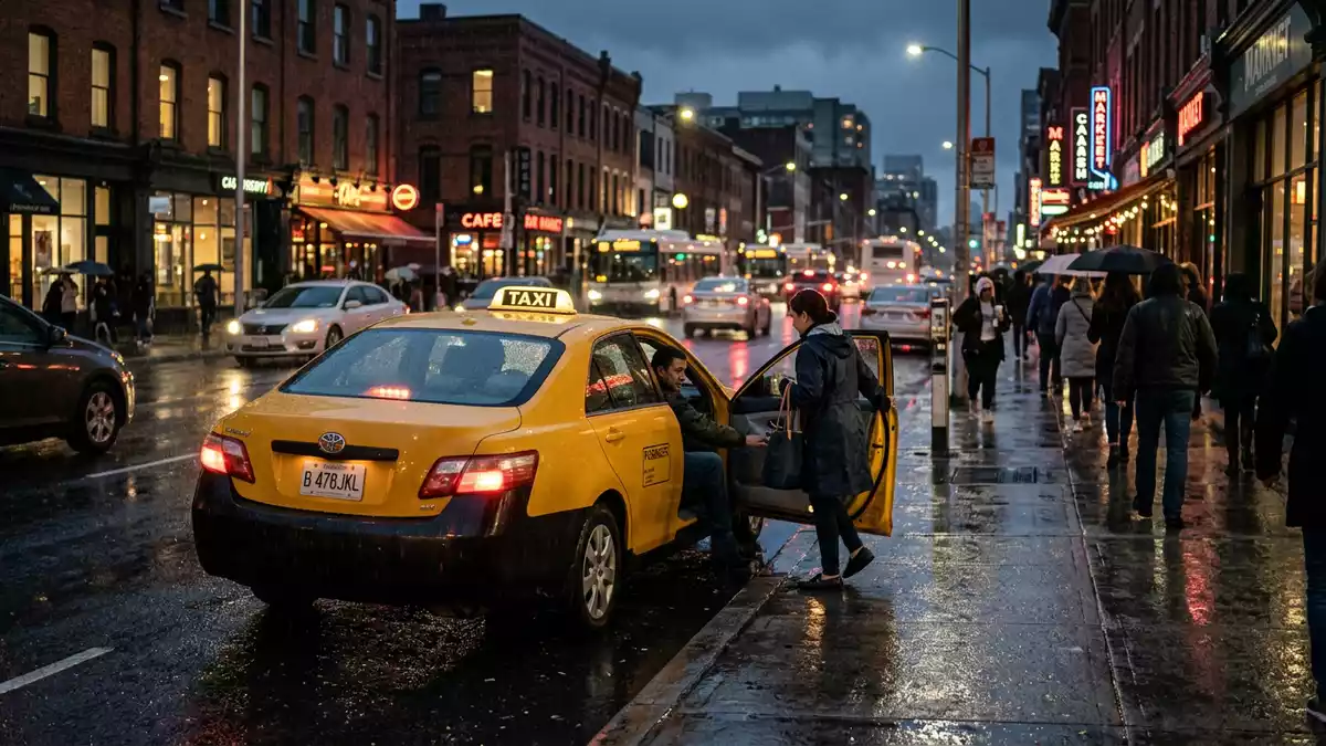 Fotorealistische Ansicht von Taxifahrt im Stadtverkehr in realer Umgebung, neutral