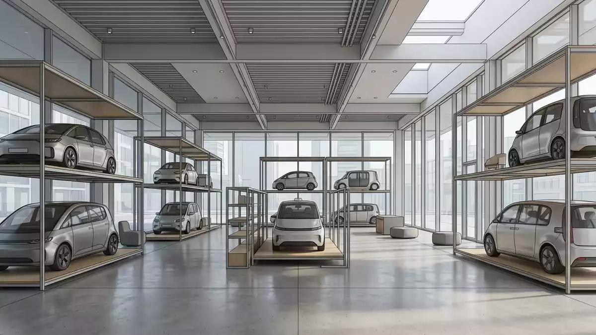 Architektur-Render im Mobilitätszentrum mit Taxifahrt im Ausstellungsbereich, neutral