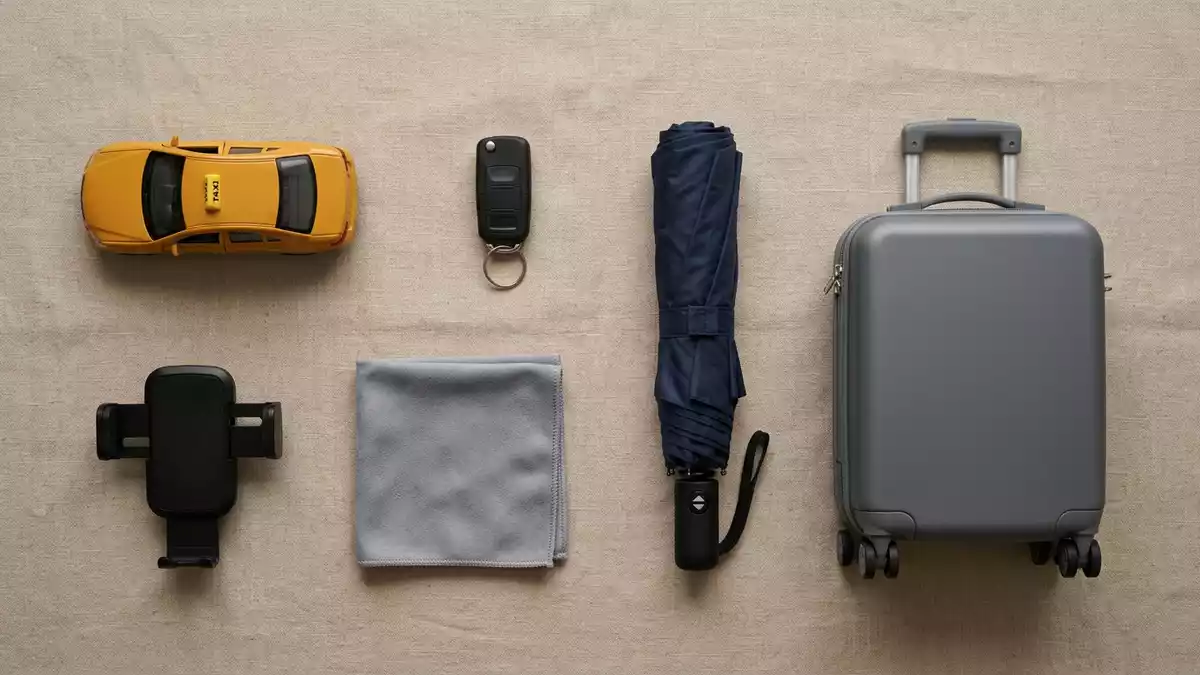 Flatlay-Arrangement rund um Taxifahrt mit passenden Requisiten von oben, neutral