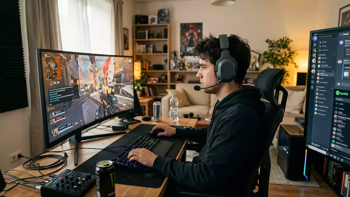Fotorealistische Ansicht von Gaming-Headset am Schreibtisch in realer Umgebung