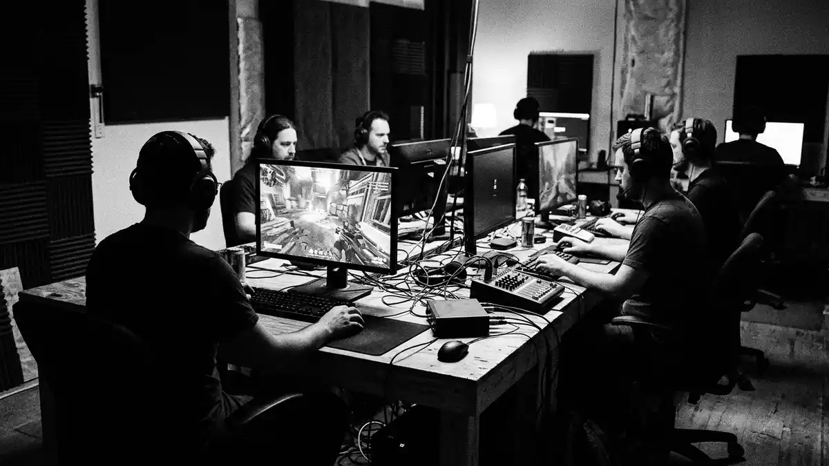 Schwarzweiss-Reportagebild mit Gaming-Headset in dokumentarischer Arbeitsumgebung