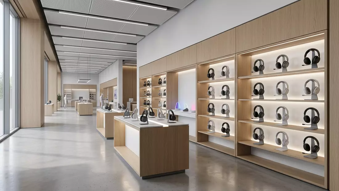 Architektur-Render im Elektronik-Fachmarkt mit Gaming-Headset im Ausstellungsbereich