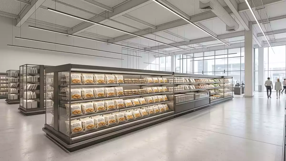 Architektur-Render im Supermarkt mit Hähnchennuggets im Ausstellungsbereich, neutral