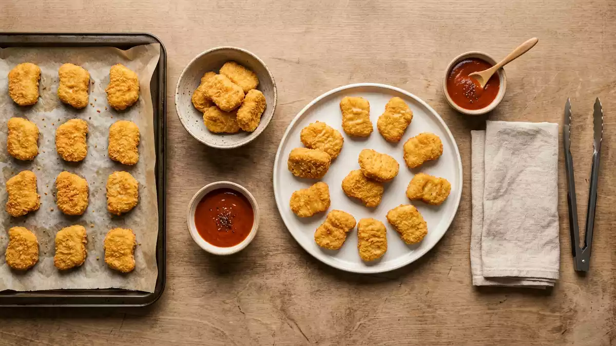 Flatlay-Arrangement rund um Hähnchennuggets mit passenden Requisiten von oben, neutral