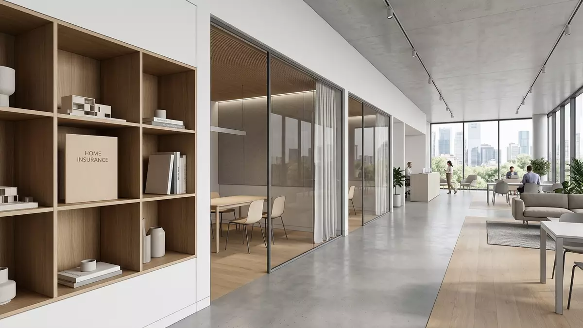 Architektur-Render im Versicherungsbüro mit Versicherungsmappe im Ausstellungsbereich