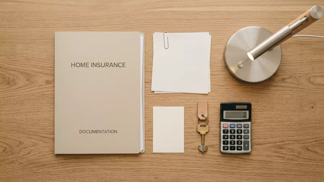 Flatlay-Arrangement rund um Versicherungsmappe mit passenden Requisiten von oben
