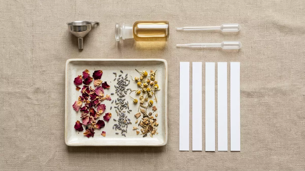 Flatlay-Arrangement rund um Duftöl mit passenden Requisiten von oben, neutral