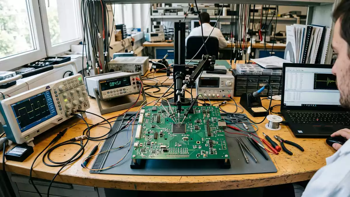 Fotorealistische Ansicht von Mikrochip im Elektroniklabor in realer Umgebung, neutral