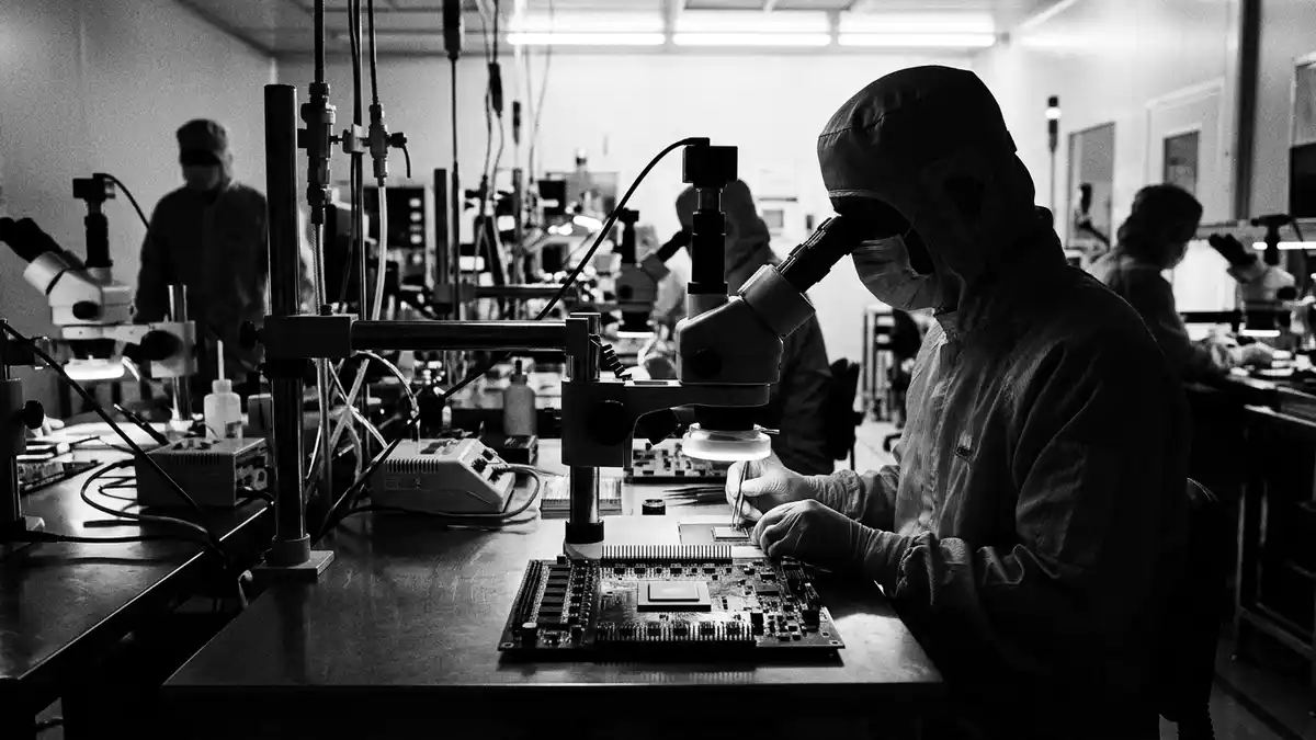 Schwarzweiss-Reportagebild mit Mikrochip in dokumentarischer Arbeitsumgebung, neutral