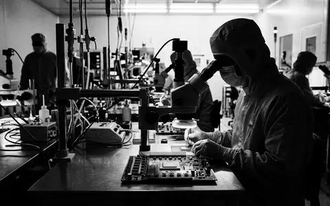 Schwarzweiss-Reportage mit Mikrochip zum Thema TSMC Chip, ISIN TW0002330008, hoher Kontrast, sachlich dargestellt - Foto: THN