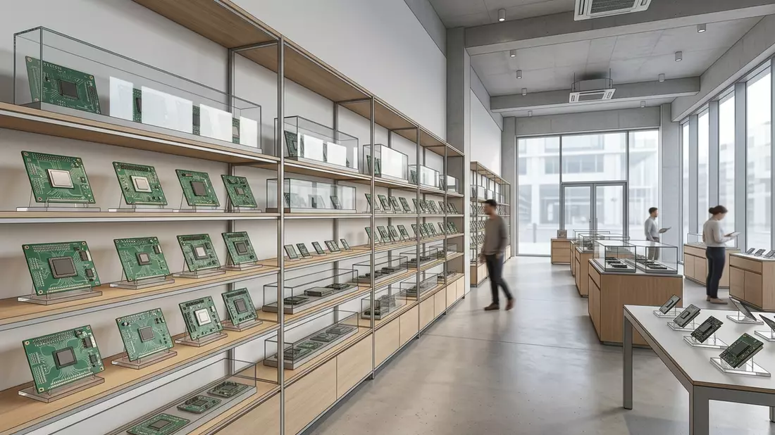Architektur-Render im Elektronik-Fachmarkt mit Mikrochip im Ausstellungsbereich