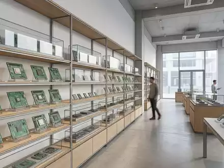 Architektur-Render im Elektronik-Fachmarkt mit Mikrochip zum Thema TSMC Chip, ISIN TW0002330008, neutrales Tageslicht - Foto: THN