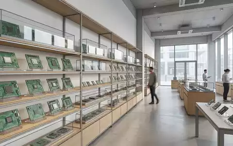 Architektur-Render im Elektronik-Fachmarkt mit Mikrochip zum Thema TSMC Chip, ISIN TW0002330008, neutrales Tageslicht - Foto: THN