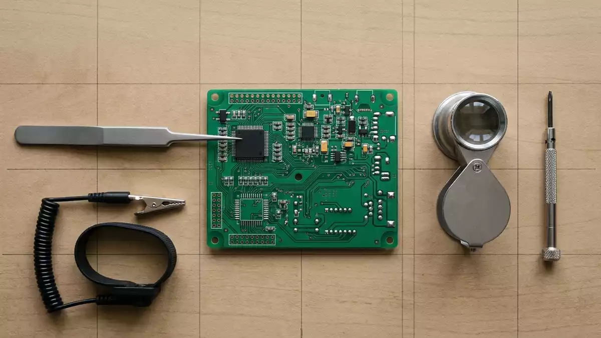 Flatlay-Arrangement rund um Mikrochip mit passenden Requisiten von oben, neutral