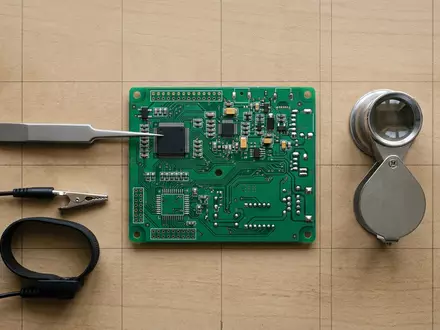 Flatlay-Arrangement rund um Mikrochip zum Thema TSMC Chip, ISIN TW0002330008, weiches Oberlicht - Foto: THN
